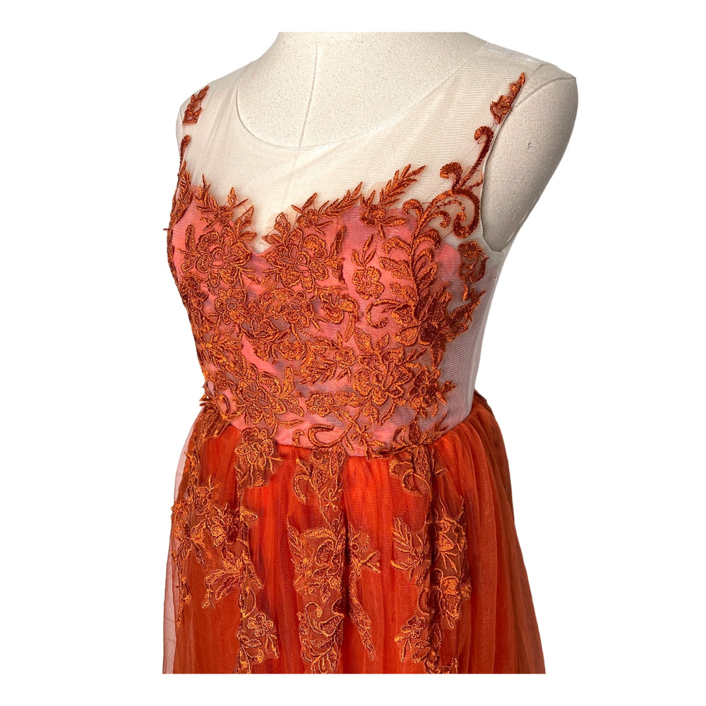 Vintage 1950s Embroidered Tulle Ballgown Couture Prom Dress Orange MINT Size 4 - Picture 3 of 15